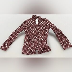 Mango Women’s Burgundy Plaid Check Cotton Shirt Long Sleeve Button Down Size S